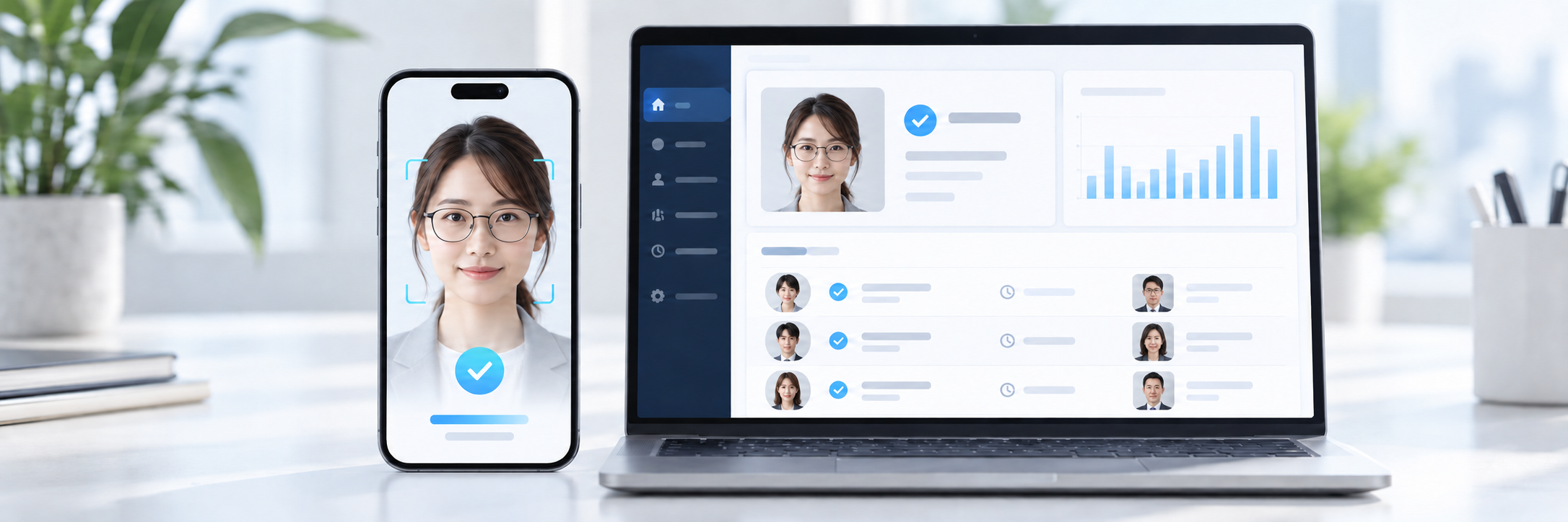スマートフォンの顔認証とWeb管理画面を連携したイメージ